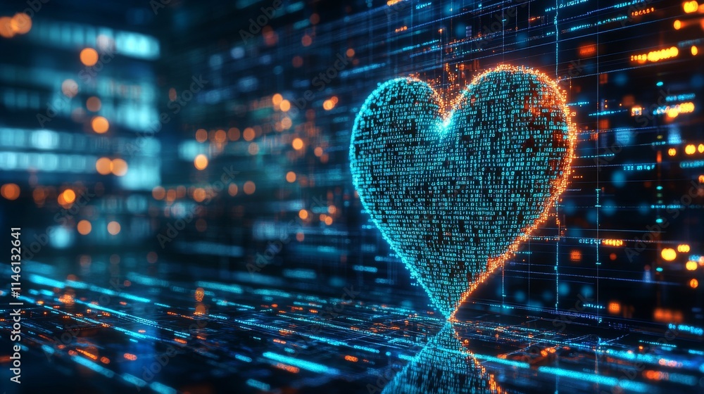 Poster heartbeat symbol represented in binary code surrounded by digital elements and glowing lights