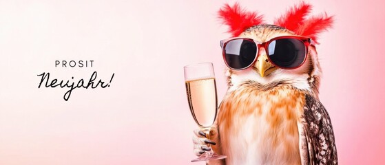 Stilvolle Eule feiert Silvester mit Sekt: Lustige Neujahrskarte