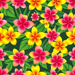 Tropical Floral Pattern: A vibrant and exotic seamless pattern featuring pink and yellow plumeria flowers with lush green leaves on a dark green background, creating a captivating tropical paradise.