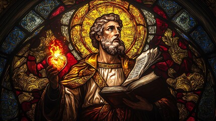 Obraz premium Saint Augustine depicted in a stunning stained-glass style, holding a flaming heart and an open book, glowing radiant golden and red tones, intricate celestial patterns framing the scene,
