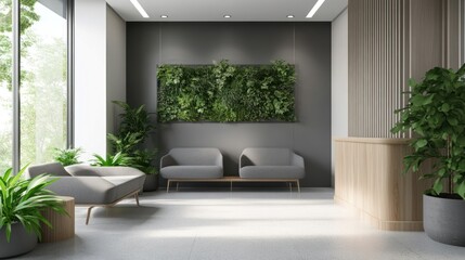 Office Waiting Room with Grey Furniture and Greenery