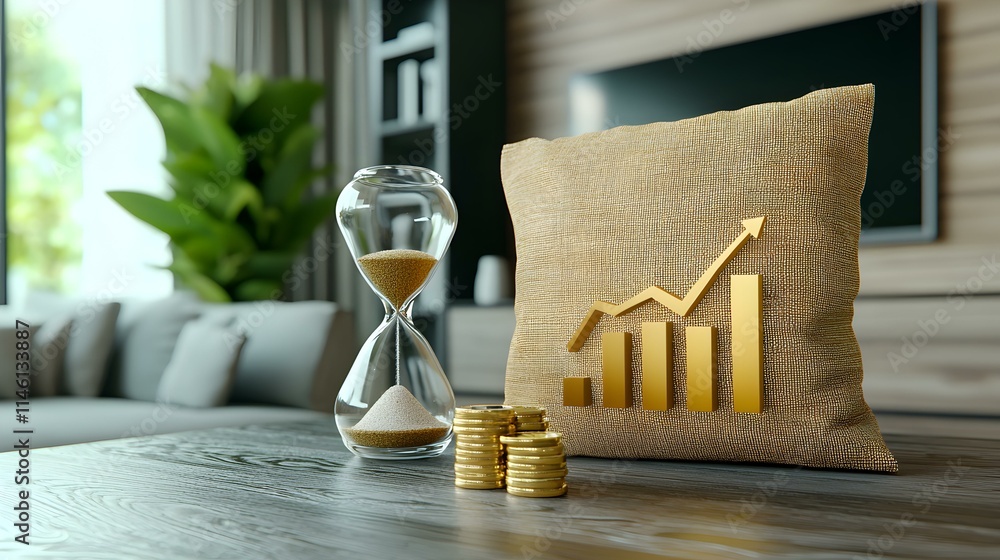 Poster rising graph on bag with hourglass and coins in modern setting
