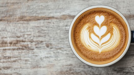 Top view latte art coffee cup on wood.