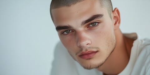 Fototapeta premium A striking portrait of a young man with a close-cropped hairstyle. His intense gaze captivates attention. This image is ideal for fashion or lifestyle themes. AI
