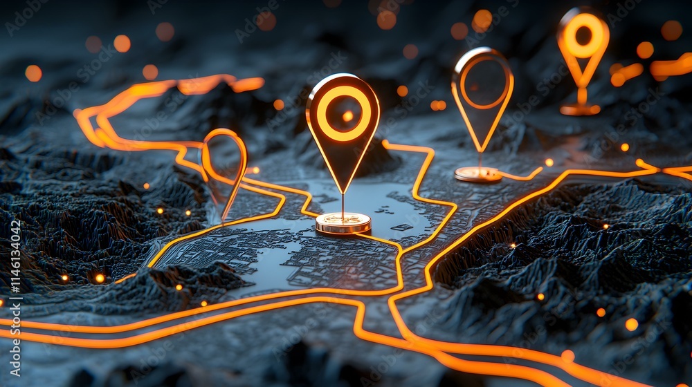 Poster detailed map with location pins and routes in a 3d landscape
