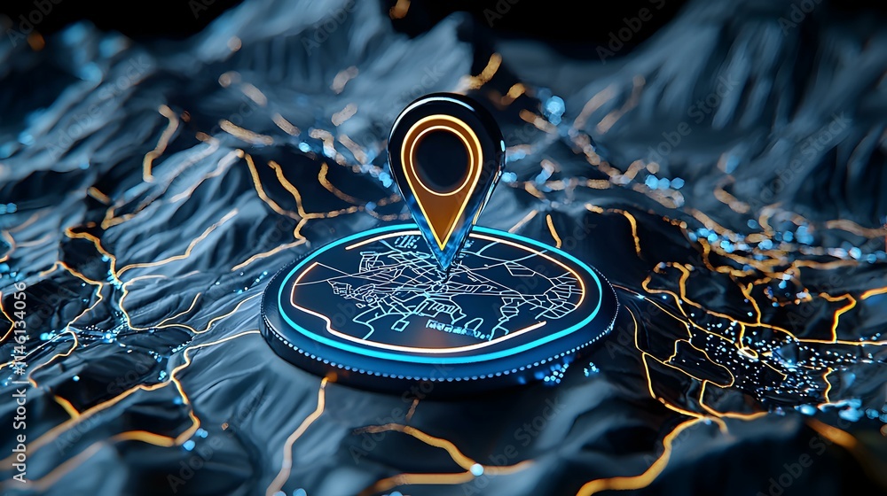 Poster digital map with location pins and routes in 3d terrain view