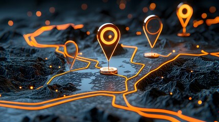 Detailed Map with Location Pins and Routes in a 3D Landscape