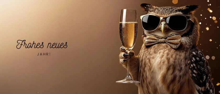 Stilvolle Eule feiert Silvester mit Champagner  Frohes Neues Jahr