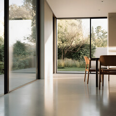 Fototapeta premium Minimalist room with floor-to ceiling windows, concrete floor, natural light from the outside, this scene embodies minimalism's focus on clean lines, open spaces. 3D render.