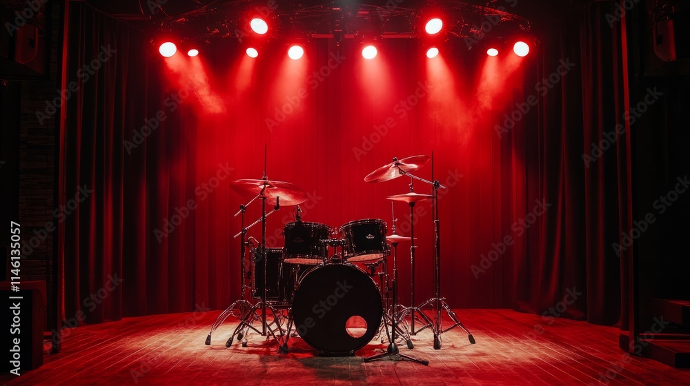 Poster a drum set on an empty stage enveloped in red lighting, waiting to come alive with the power of a th
