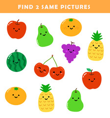 Find 2 same pictures worksheet for kids. Worksheet for kids kindergarten, preschool and school age. Education game for children with cute fruits illustration.