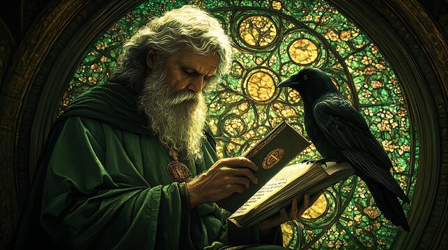 Saint Benedict depicted in a serene stained-glass design, holding his rulebook with a raven perched nearby, glowing vibrant green and gold hues,