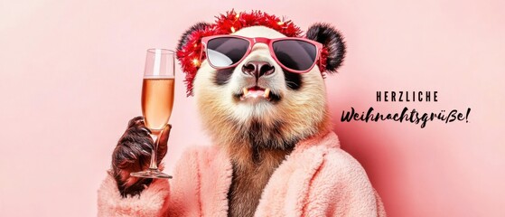 Niedlicher Panda mit Champagner feiert Weihnachten im rosa Bademantel