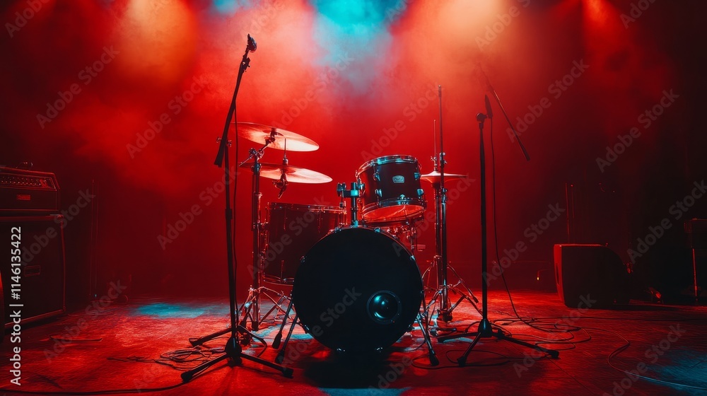 Poster a drum set positioned on an empty stage, glowing under dynamic red lighting, preparing for a night o