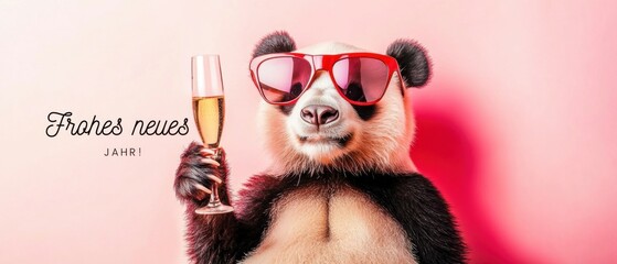 Panda mit Champagner feiert Silvester, Frohes Neues Jahr