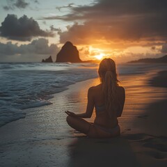Fototapeta premium Woman Practicing Yoga on Beach During Serene Sunset Glow
