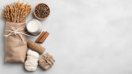 Spa treatment, natural ingredients, aromatherapy, beige background, copy space.