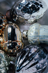 Christmas decorations in the form of glass acorns close up