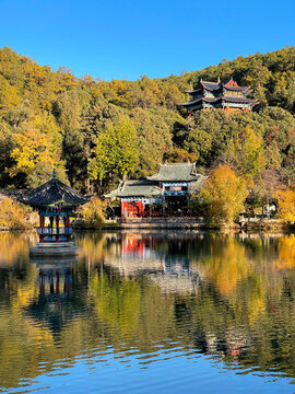 Black dragon pool in Lijiang Ancient Town with best views of Jade Dragon Snow Mountain. Famous travelling destination in Yunnan province, China