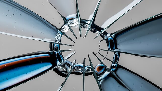 Shattered glass with sharp edges in an abstract pattern, reflecting light and creating unique shapes