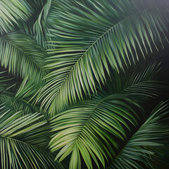 A close-up view of lush green palm leave overlapping each other, creating a dense, natural pattern. The leaves are illuminated by soft, low lighting that highlights their rich textures. © Social Material