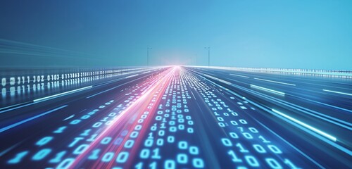 A digital highway with streams of binary code flowing rapidly, representing data traffic on a virtual network, set against a gradient blue background.
