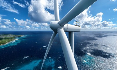 Wind Turbine Technician Performing Routine Maintenance Over Ocean View