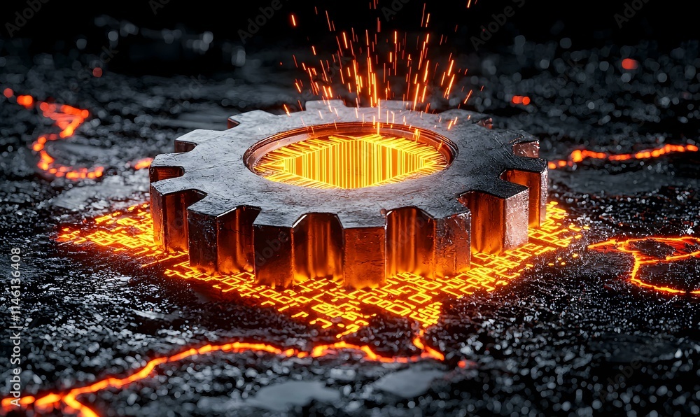 Poster rusty gear on fiery background representing programming concepts