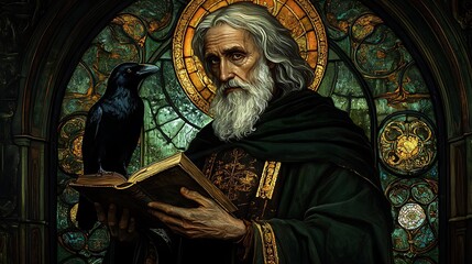 Saint Benedict portrayed in a breathtaking stained-glass artwork, holding his iconic rulebook with a raven nearby, radiant green and gold tones glowing softly,