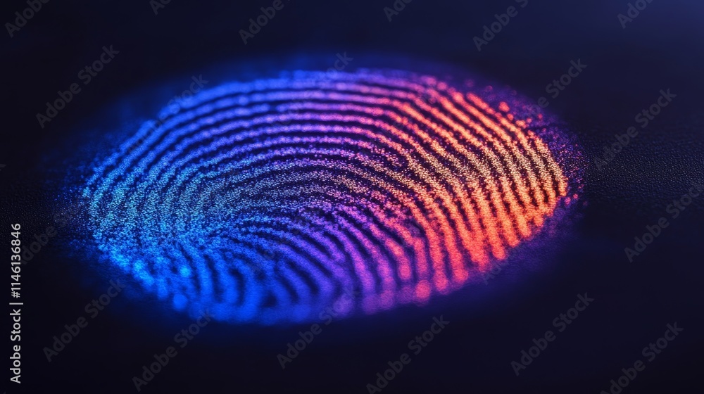 Poster biometric fingerprint scan in vivid blue and red, representing modern security and verification.