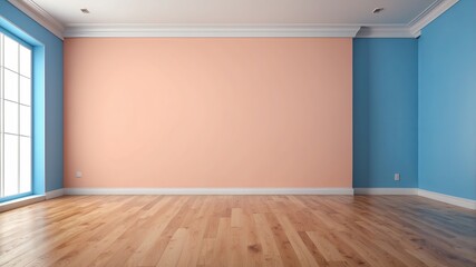 Fototapeta premium Colorful empty room with pink and blue walls and wooden flooring