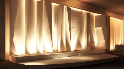 A modern, modular backdrop design featuring sleek panels and soft lighting, adaptable for a variety of events, from parties to presentations.