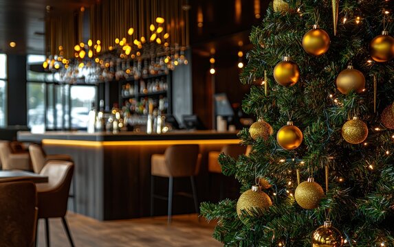 A tall Christmas tree adorned with golden ornaments and twinkling lights, positioned near a modern bar counter in a stylish restaurant