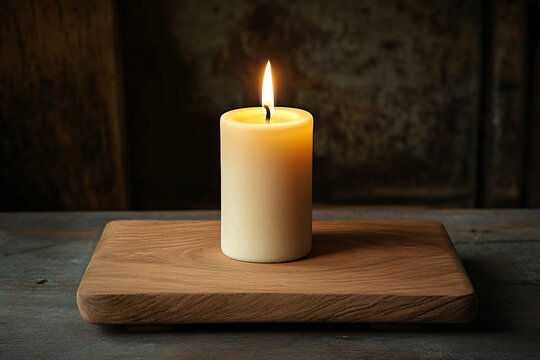 Candle in a wooden candlestick on a grey background. Concept template banner for spa salons, advertising handicrafts and woodwork, massage services and relaxation with a place for text. 