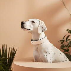 A modern, minimalist photo of collar with a compact device. The collar is placed around a white dog with black spots. The background is a beige wall with a few plants. The lighting is soft.