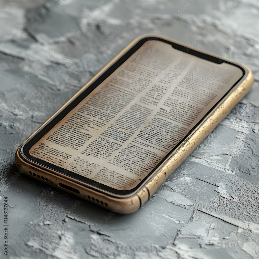 Poster smartphone displaying digital media on screen with text content