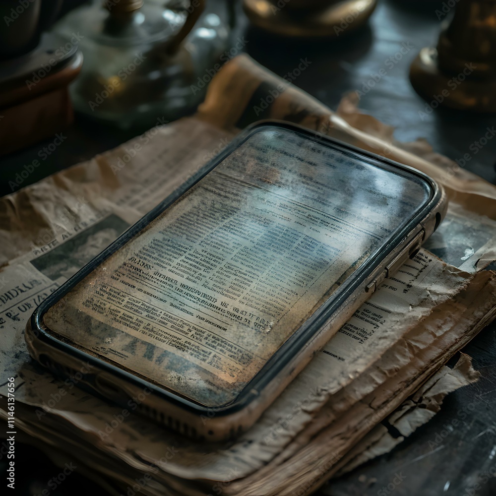 Poster smartphone displaying digital media on table with newspaper background