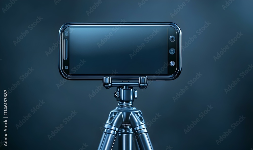 Poster empty smartphone screen mounted on a tripod in studio setting