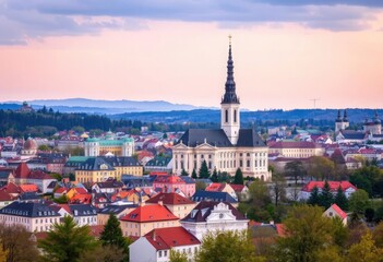 A vibrant daytime view of Bratislava's cityscape in Slovakia, featuring the iconic St. Martin's Cathedral surrounded by historic architecture, modern buildings, and the serene flow of the Danube River