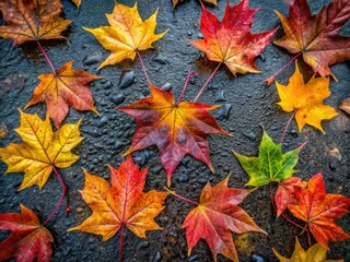 High-definition autumn scene:  maple leaves on asphalt, a sharp fall calendar backdrop.