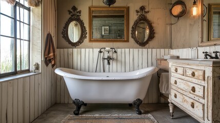 A vintage-inspired bathroom with an antique clawfoot tub, ornate mirrors, and contemporary lighting fixtures.