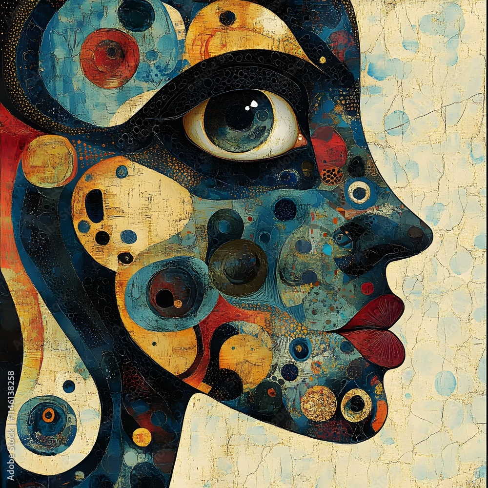 Poster intricate abstract face with stylized patterns and colors
