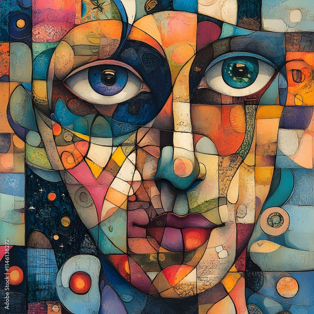 Poster abstract stylized face with intricate patterns and vivid colors