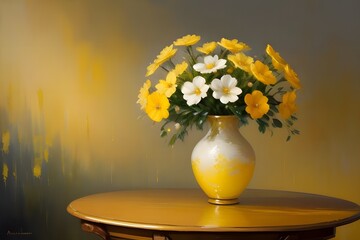 ia generated. Elegant Yellow Flowers in a Glass Vase on Table	