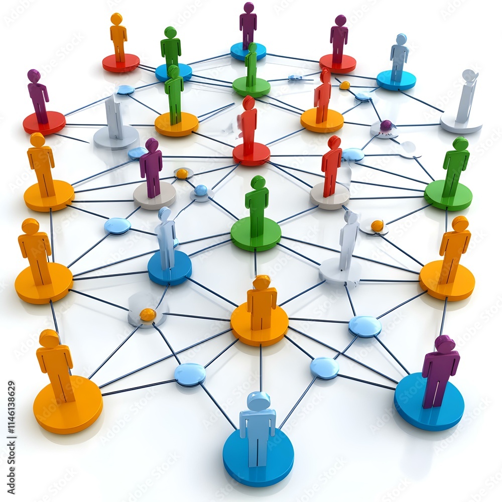 Poster interconnected individuals in a network setting with colorful symbols