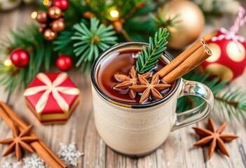 A festive Christmas drink served in a cozy mug, garnished with aromatic cinnamon sticks and fragrant anise stars, creating a warm and inviting holiday vibe