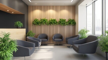 Office Waiting Room with Grey Furniture and Greenery