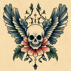 Skull and Wing Back tattoo flash illustration