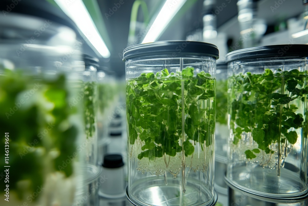 Poster plants are shown growing in glass jars in a carefully controlled environment, illuminated by soft li
