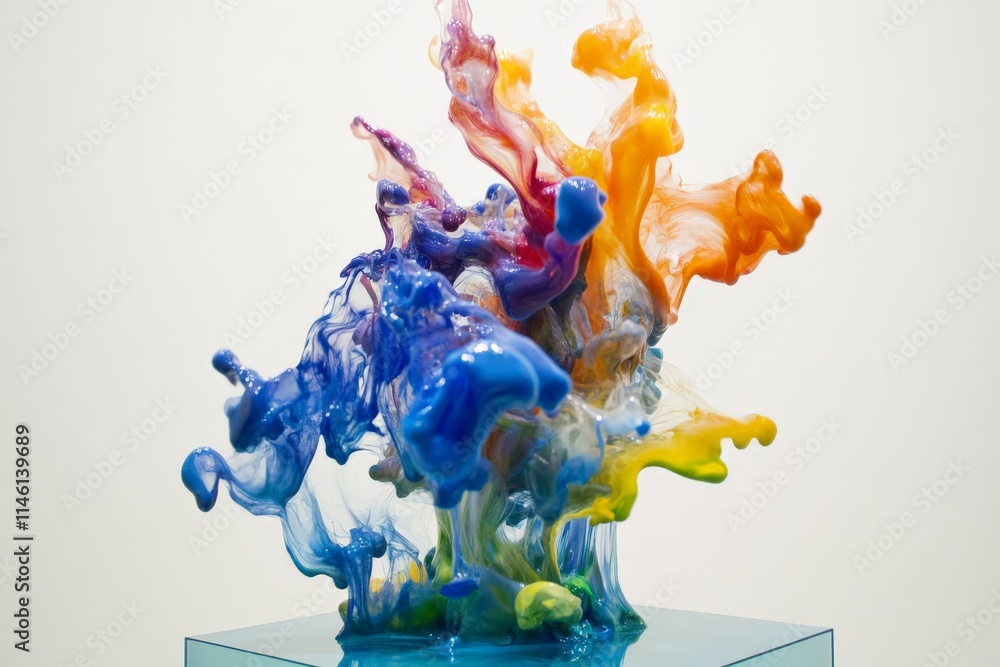Aufkleber An expressive and dynamic splash of color captured in a fluid formation. This image highlights the rich hues of yellow, orange, and blue, symbolizing creativity and energy.